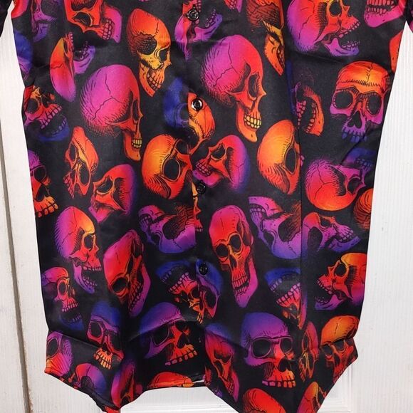 JOGAL Men's Halloween Shirt Pumpkins Skull Short Sleeve Button Down Shirt Sz S - Picture 2 of 6